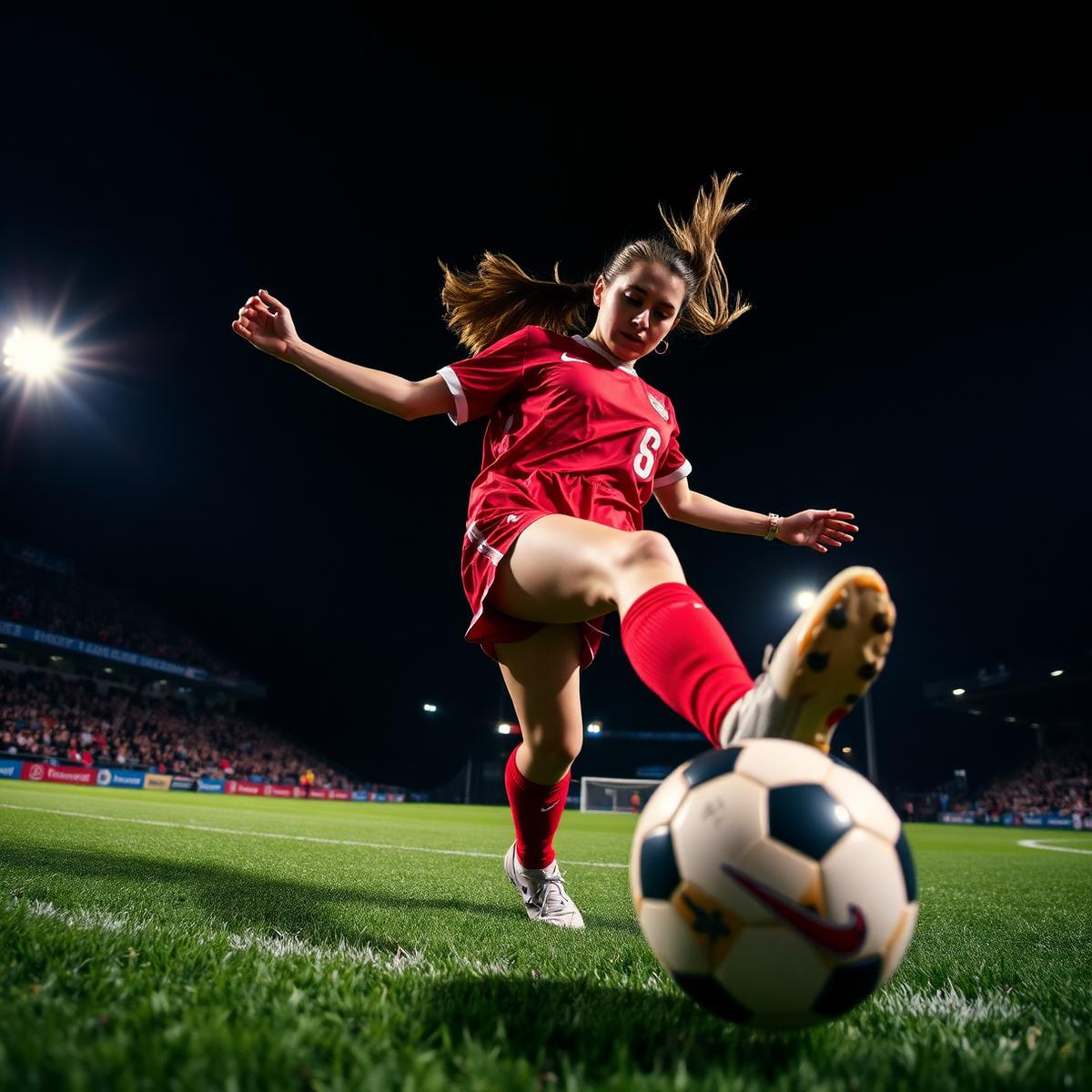 Jugadora de fútbol golpeando el balón bajo los focos del estadio